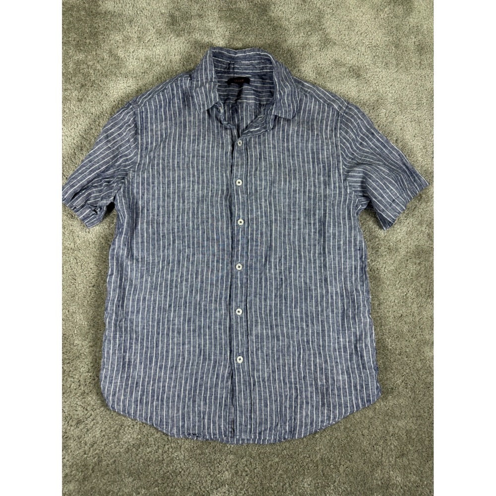 Quince Mens Blue White Striped 100% Linen Short Sleeve Button Down Shirt Size M